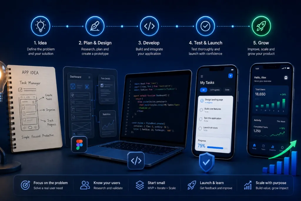 App Design and Development Workflow Diagram Graphic