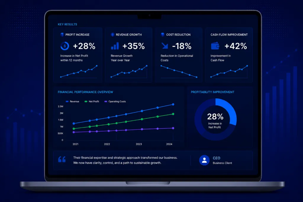 Financial consulting performance dashboard showing profit and revenue growth