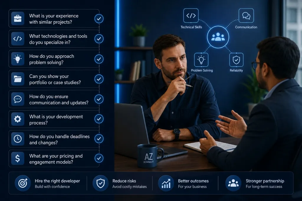 App Developer Interview Questions and Hiring Strategy Dashboard Graphic