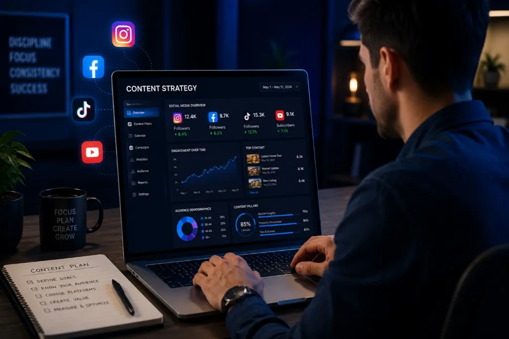 Content Strategy Dashboard and Social Media Icons